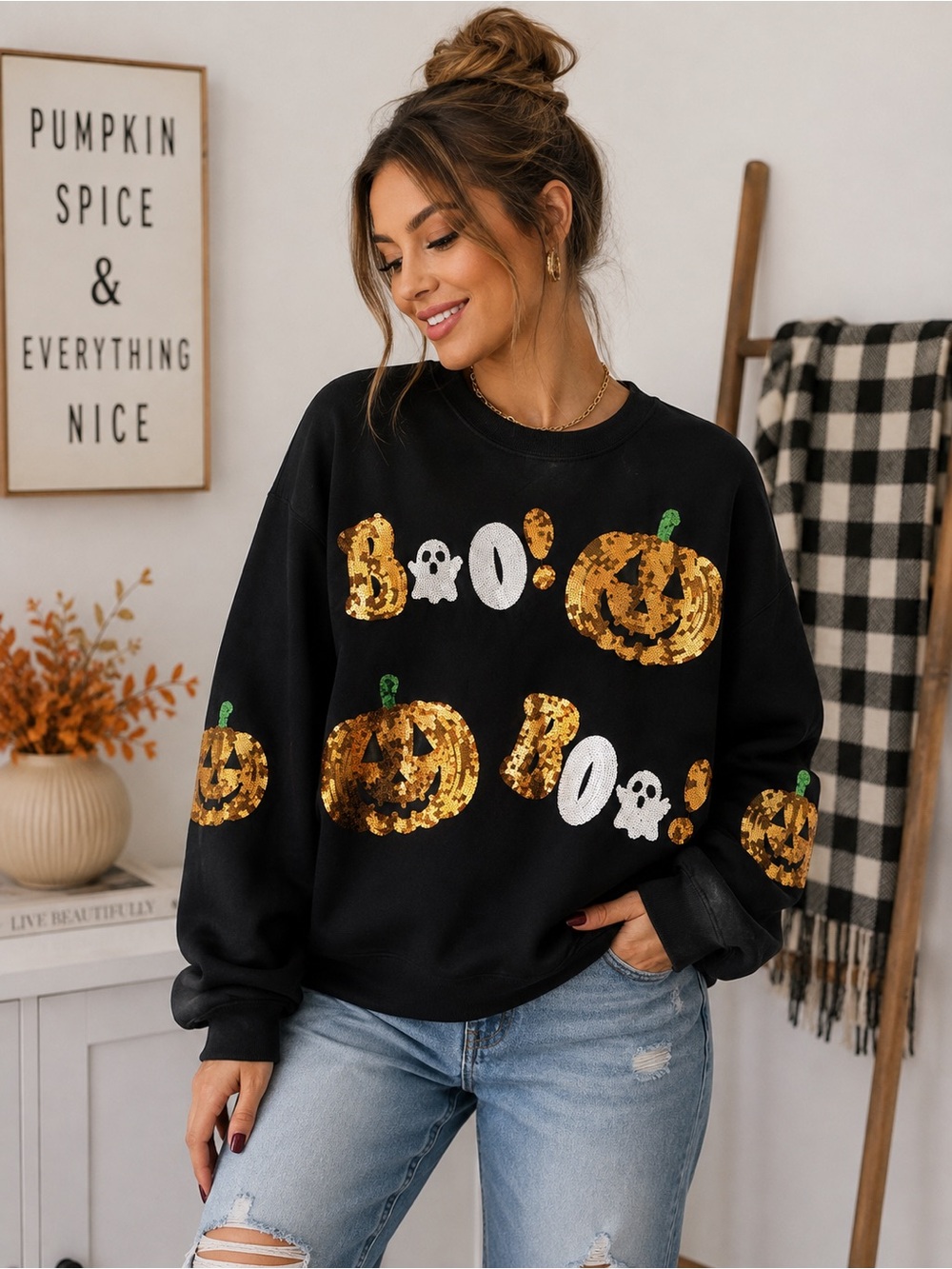 Black Halloween Sequin Pumpkin "Boo" Sweatshirt